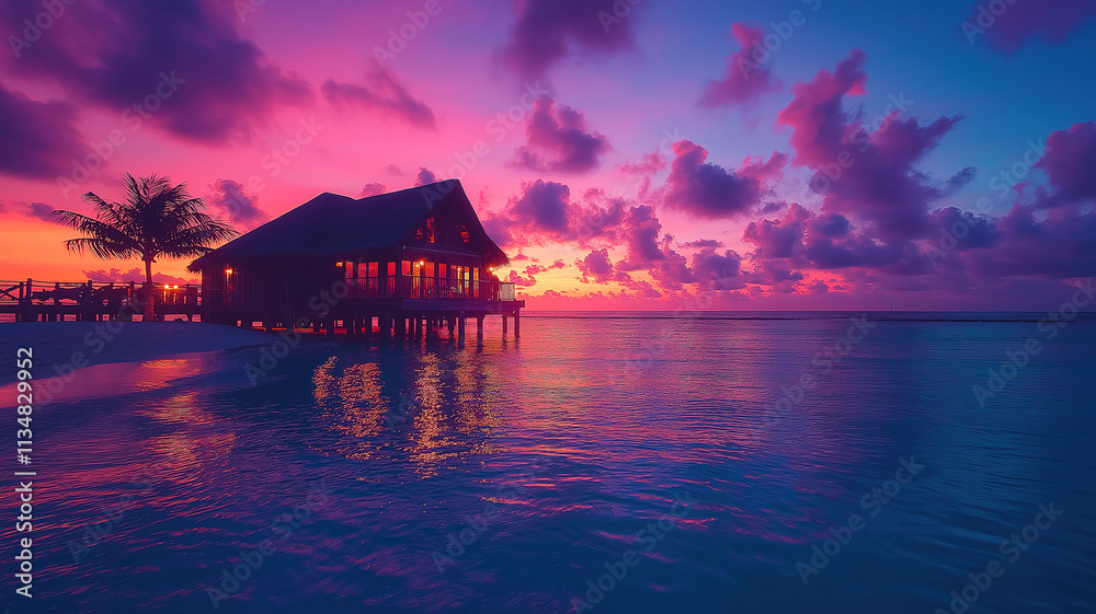 Amazing sunset panorama in Maldives with luxury resort villas and soft glowing lights Amazing sunset panorama in Maldives with luxury resort villas and soft glowing lights