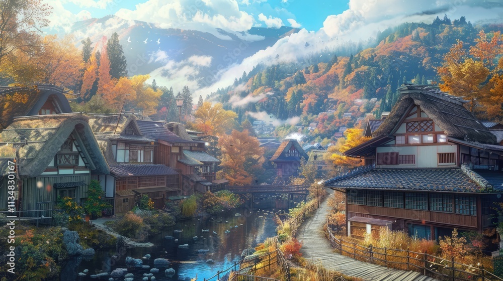 Obraz premium a beautiful anime village in japan digital art