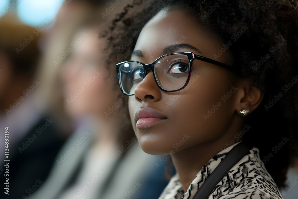 Young woman in glasses focuses intently on the speaker at a dynamic conference event Young woman in glasses focuses intently on the speaker at a dynamic conference event