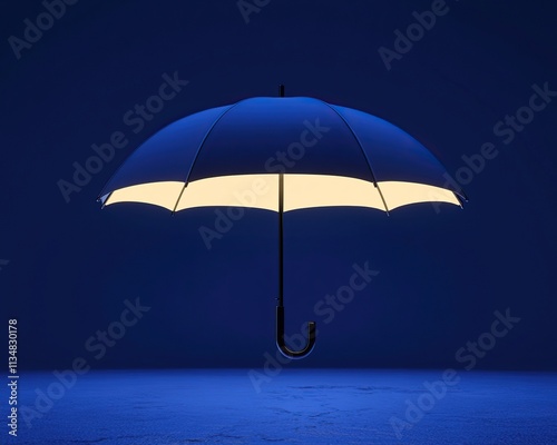 A minimalist blue umbrella illuminated from below, creating a striking contrast against the dark background.