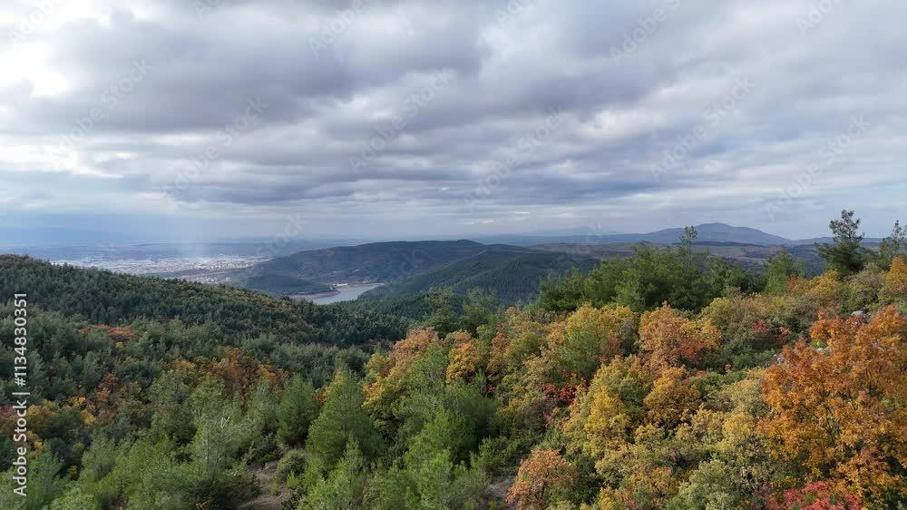 4k drone video of autumn. Fall colors, yellow, red and green pine tree forest lake and city background. 4k drone video of autumn. Fall colors, yellow, red and green pine tree forest lake and city background.
