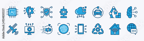 Set of technology icons vector. Contains chips, energy, cyber security, robot, digital network, ​vehicle, artificial intelligence, satellite, fast charger, fingerprint, device, connection