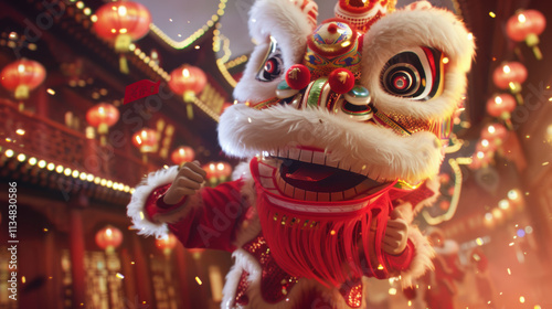 Joyful Chinese Lunar New Year Celebration with Red Lanterns, Firecrackers, Traditional Lion Dance, and Family Reunion Dinner Showcasing Cultural Heritage and Festive Atmosphere