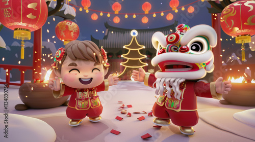 Joyful Chinese Lunar New Year Celebration with Red Lanterns, Firecrackers, Traditional Lion Dance, and Family Reunion Dinner Showcasing Cultural Heritage and Festive Atmosphere