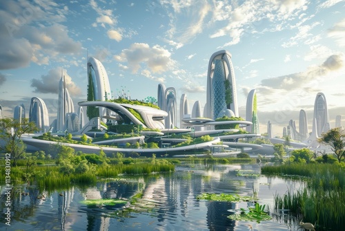 A vibrant futuristic city features sleek skyscrapers integrated with greenery, surrounded by calm waters and lush vegetation under a sunny sky. #1134830912