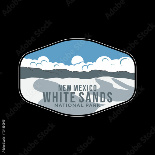 Emblem sticker patch logo illustration of White Sands National Park on dark background, white sand desert landscape vector badge