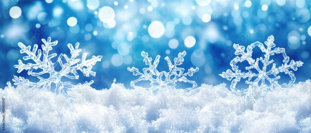 Sparkling Winter Wonderland: Three Crystal Snowflakes on Fresh Snow Sparkling Winter Wonderland: Three Crystal Snowflakes on Fresh Snow