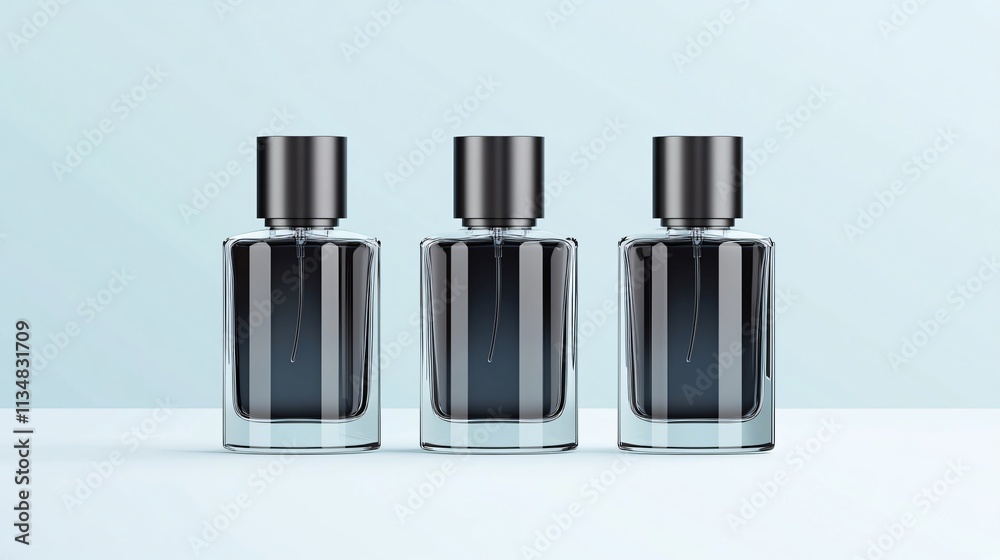 Three elegant glass perfume bottles with dark liquid against a light background. Three elegant glass perfume bottles with dark liquid against a light background.
