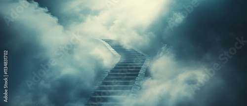 Mystical stairs ascend into swirling clouds, evoking a sense of ethereal journey and dreamlike exploration towards the unknown.