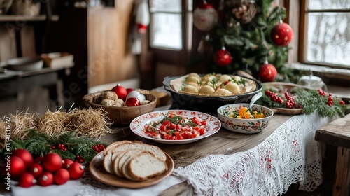 Festive Table Setting with Traditional Holiday Dishes