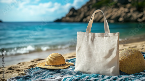 Blank white cotton tote bag on a beach blanket with a straw hat and blue sea background