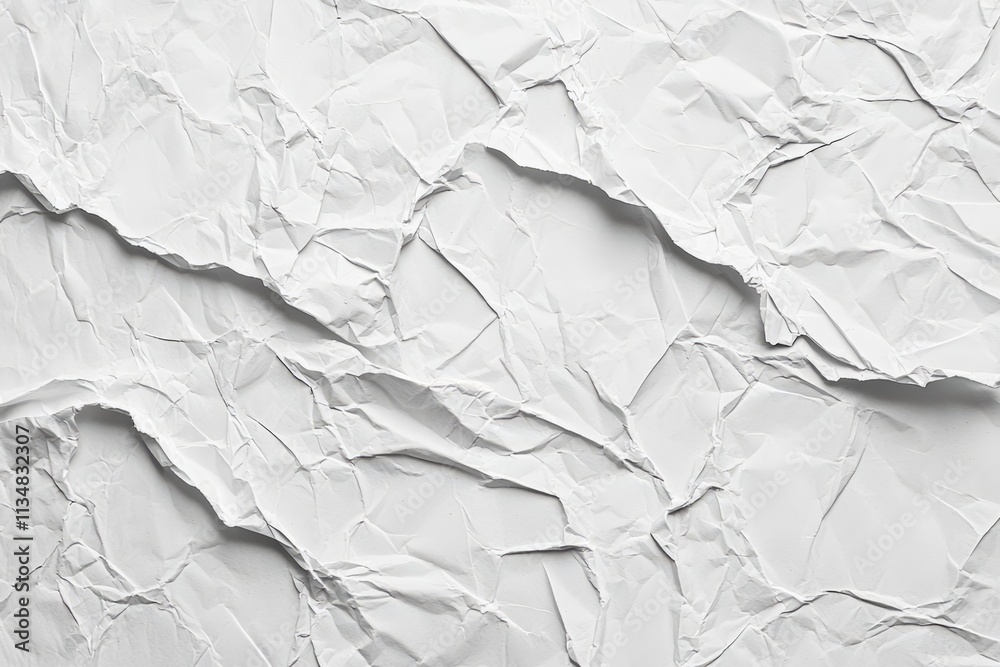 Crumpled white paper texture with dynamic creases and wrinkles forming abstract background