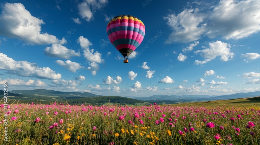 Fototapeta premium Colorful Hot Air Balloon Over Vibrant Flower Field Landscape