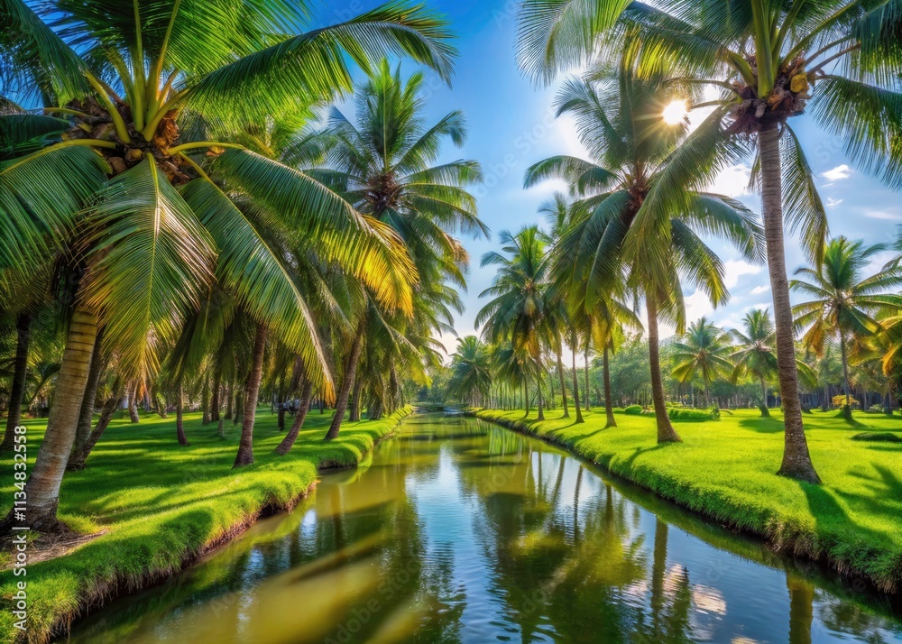 Lush Coconut Garden with Vibrant Green Grass and Serene Canal View - Tropical Paradise Landscape Photography Lush Coconut Garden with Vibrant Green Grass and Serene Canal View - Tropical Paradise Landscape Photography