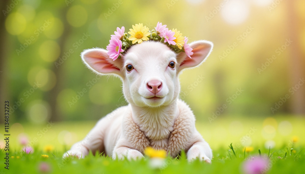 Fototapeta premium Adorable lamb with flower crown in sunny spring meadow