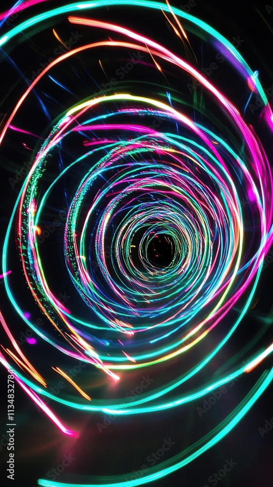 green, pink, blue and purple light lines on black background Abstract colorful light trails swirl. green, pink, blue and purple light lines on black background Abstract colorful light trails swirl.