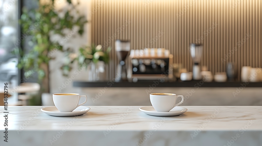 Enjoying coffee cups on marble counter in cozy kitchen setting Enjoying coffee cups on marble counter in cozy kitchen setting