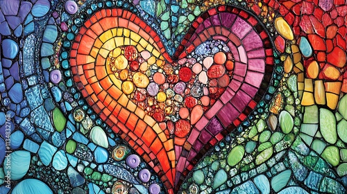 A Valentine card featuring a mosaic heart pattern with intricate details and vibrant colors  photo