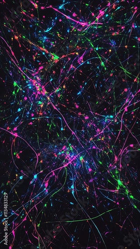 green, pink, blue and purple light lines on black background Vibrant neon paint splatter abstract art