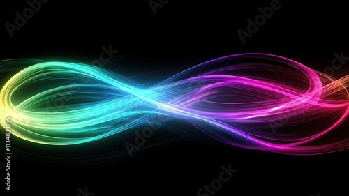 green, pink, blue and purple light lines on black background Abstract colorful light wave, infinity symbol