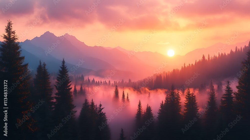 Fototapeta premium Sunrise over misty mountains nature scene forest landscape tranquil