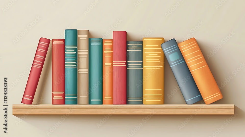 Naklejka premium Stack of books with colorful covers on wooden shelf, minimalistic vector 