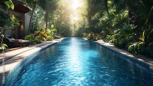 Relaxing tropical pool retreat lush garden nature scene serenity photo