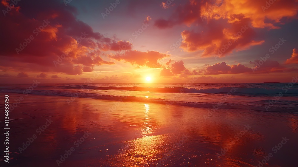 Obraz premium Sunset ocean view beach landscape serene nature scene calm waters
