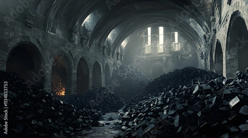 An Ancient Vaulted Cellar Filled with Coal, Positioned in a Grand Old Building with Ample Foreground Space