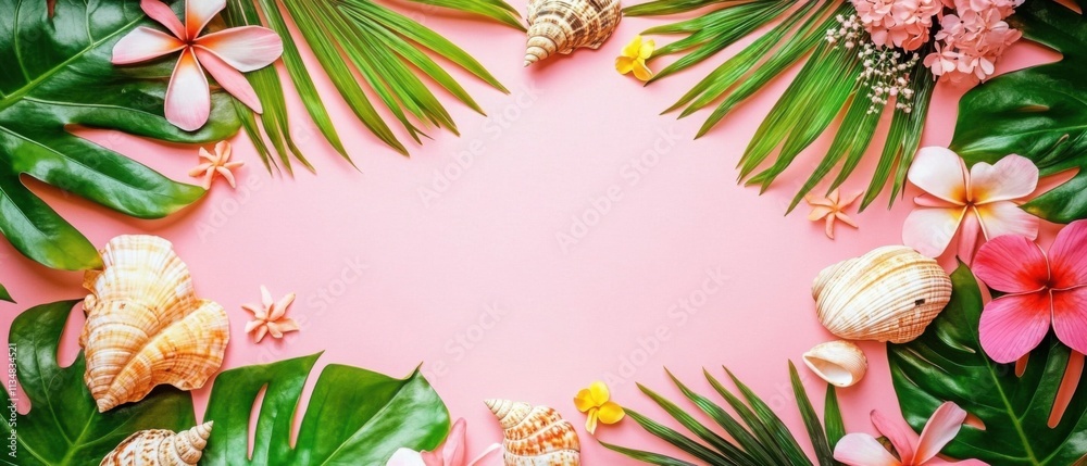 Pink Tropical Summer Background with Flowers, Shells, and Palm Leaves Pink Tropical Summer Background with Flowers, Shells, and Palm Leaves