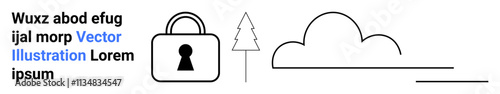 Minimalistic representation of data security and cloud computing with a lock icon, tree, and cloud along with placeholder text. Ideal for tech-themed websites, cybersecurity, cloud services