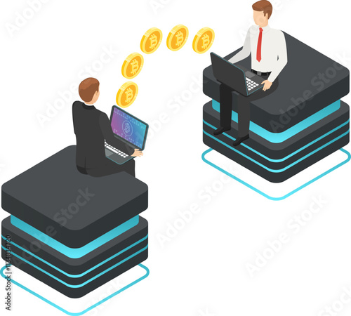 Two businessmen are using laptops sitting on data servers, exchanging cryptocurrency with golden coins transferring between them, representing online transactions and digital finance