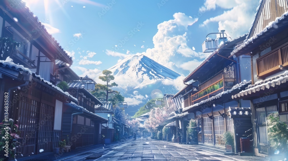 a beautiful japanese village city town in the morning. buddhist temple shinto shrine. anime comics artstyle. cozy lofi asian architecture. mount fuji in background. 4k resolution. a beautiful japanese village city town in the morning. buddhist temple shinto shrine. anime comics artstyle. cozy lofi asian architecture. mount fuji in background. 4k resolution.