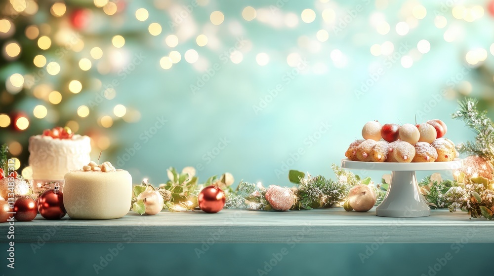 Festive Holiday Dessert Table with Sweet Treats, Christmas Decorations, and Sparkling Lights Creating a Cozy Celebration Atmosphere Festive Holiday Dessert Table with Sweet Treats, Christmas Decorations, and Sparkling Lights Creating a Cozy Celebration Atmosphere
