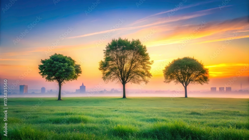 Fototapeta premium Minimalist Sunrise Trees, Pastel Sky, Urban Field Photography