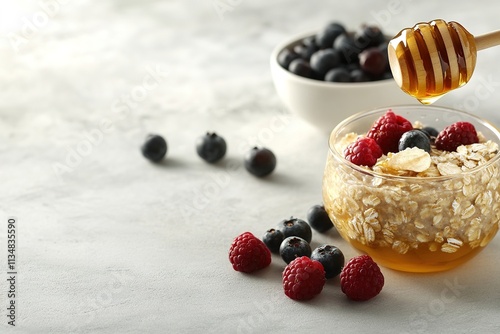 serene breakfast table setup with oatmeal berries and honey under soft natural light photo