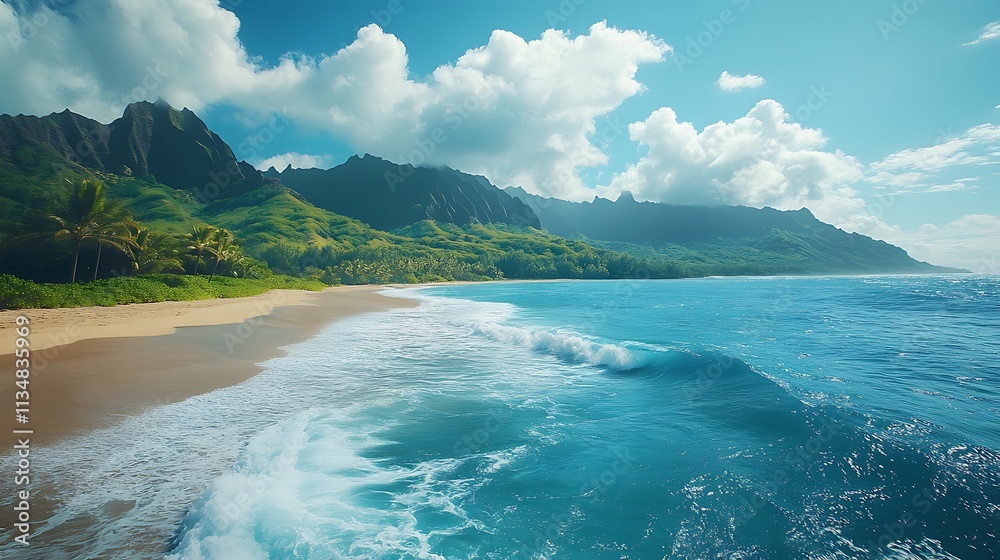 Waves crash on tranquil beach kauai nature scene tropical paradise