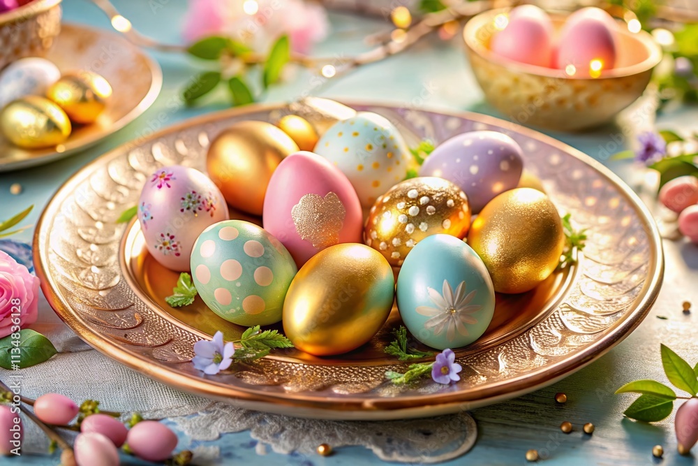 Close-Up of Pastel and Gold Easter Eggs on Decorative Plate for an Elegant Easter Table Setting, Highlighting Seasonal Decor and Festive Atmosphere in a Beautifully Arranged Display Close-Up of Pastel and Gold Easter Eggs on Decorative Plate for an Elegant Easter Table Setting, Highlighting Seasonal Decor and Festive Atmosphere in a Beautifully Arranged Display