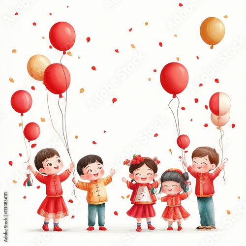 Realistic cartoon children are celebration chinese new year with balloons white background