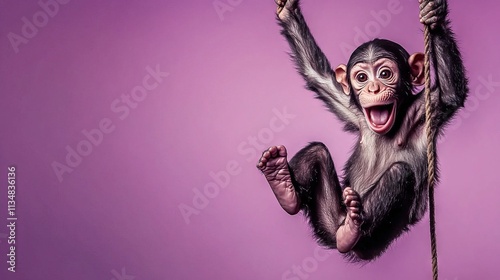 Silly monkey swinging from a vine, making a funny face set against a purple-pink gradient background