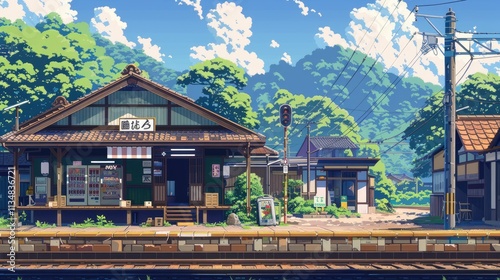 a beautiful japanese village city town in the morning. railway station with shop. anime comics artstyle. cozy lofi asian architecture