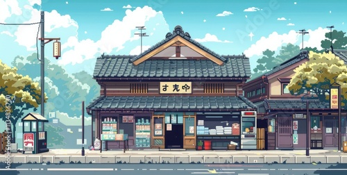 a beautiful japanese village city town in the morning. railway station with shop. anime comics artstyle. cozy lofi asian architecture