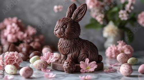 Delightful Easter Chocolate Bunny Surrounded by Pastel Flowers and Eggs photo