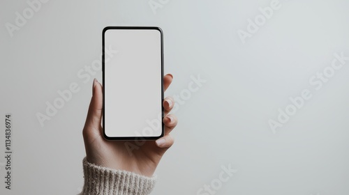 Hand holding smartphone with blank screen on white background