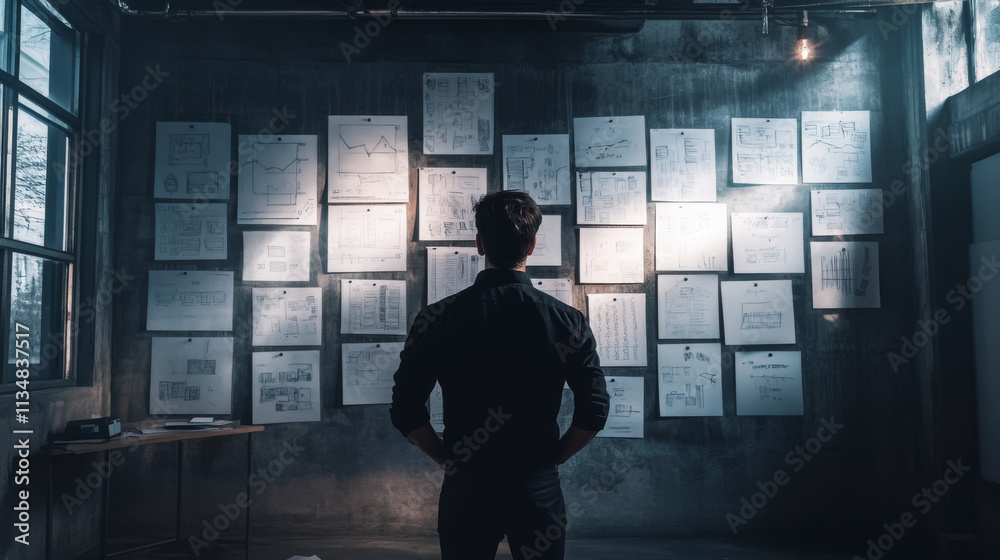 Fototapeta premium Businessman Reviewing Failed Pivot Ideas on Whiteboard