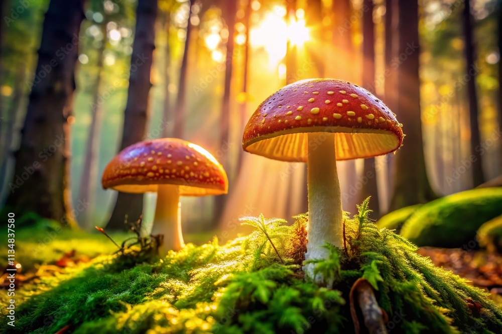 Fototapeta premium Close-Up of Two Vibrant Mushrooms Thriving on a Lush Mossy Forest Floor Bathed in Natural Sunlight, Capturing the Beauty of Urban Exploration Photography in Nature