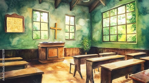 Watercolor art of a cheerful Sunday school classroom filled with joy and learning 