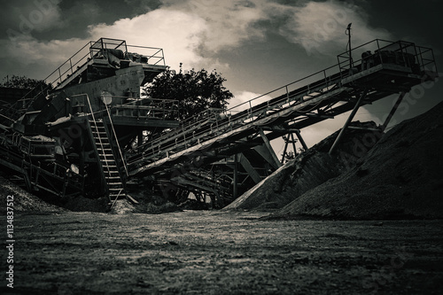 Crushing machinery, cone type rock crusher, conveying crushed granite gravel stone in a quarry open pit mining. Minning industry gravel quarry conveyor.