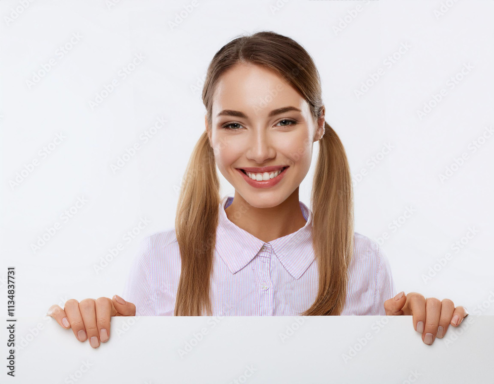 Young Woman Smiling and Peeking Behind a Blank Placard, Cheerful Isolated Concept on White Background Young Woman Smiling and Peeking Behind a Blank Placard, Cheerful Isolated Concept on White Background