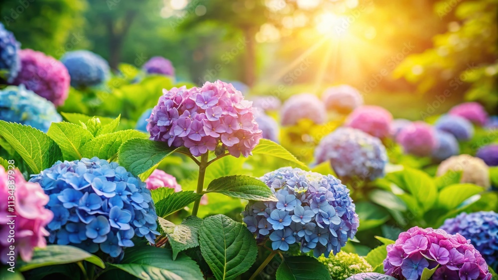 Closeup of Vibrant Hydrangea Flowers in Sunlight with Lush Green Background, Ideal for Ecology Themed Wallpaper and Nature Inspired Cover Pages Closeup of Vibrant Hydrangea Flowers in Sunlight with Lush Green Background, Ideal for Ecology Themed Wallpaper and Nature Inspired Cover Pages